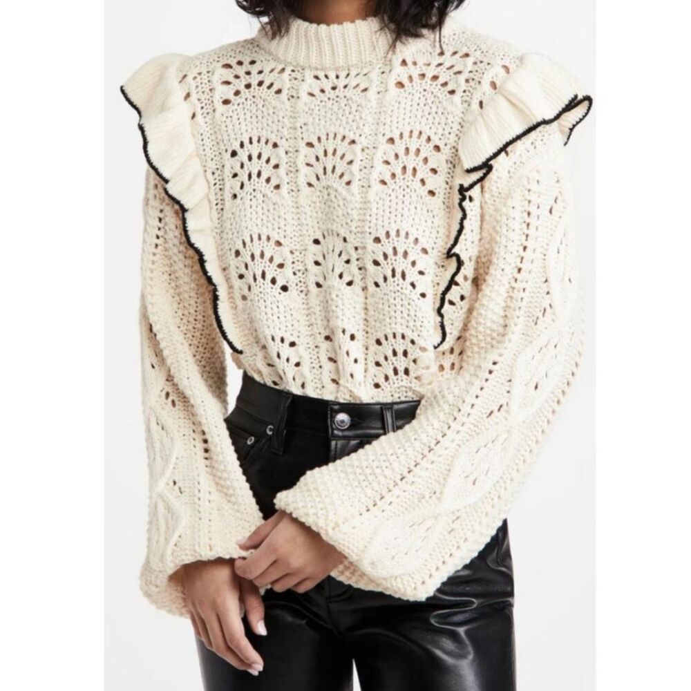 En Saison Anthropologie Dee Ruffled Sweater Cream Balloon Sleeve Pointelle S EUC